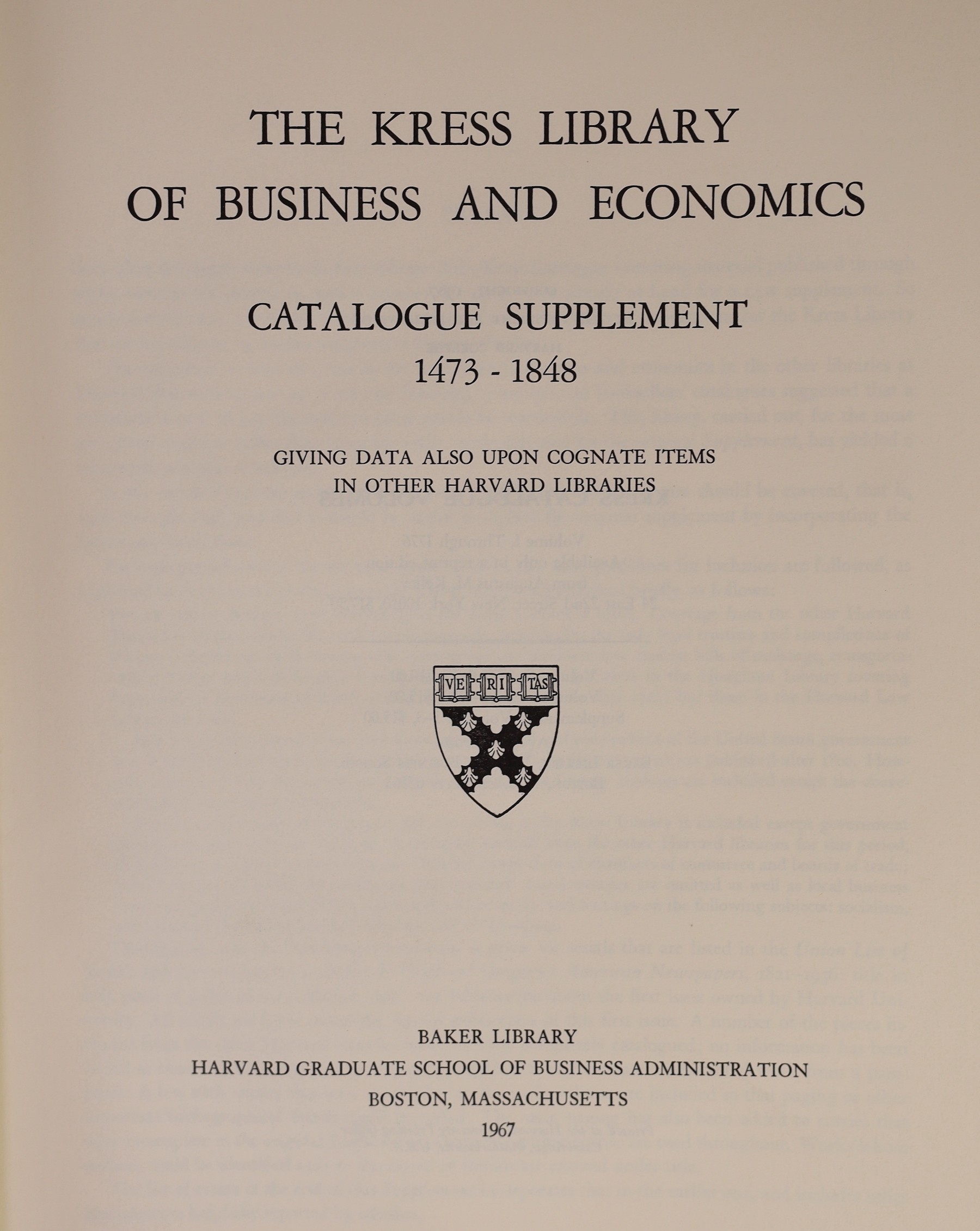 The Kress Library of Business and Economics, Catalogue. 4 vols. publisher's gilt lettered cloth, 4vo. Boston & Cambridge (Mass.), 1964